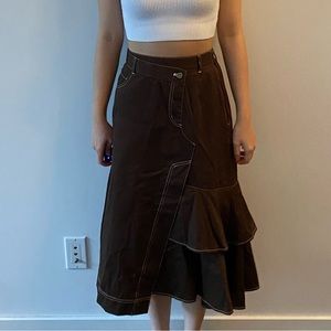 Asymmetrical pleated denim skirt